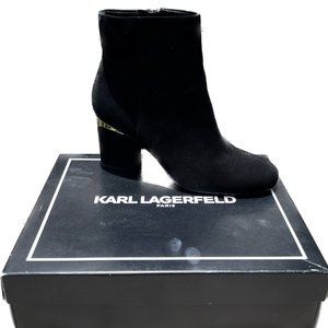 Karl Lagerfeld Fiona Black Suede Boots with Gold Metal Heel Accent 8,5